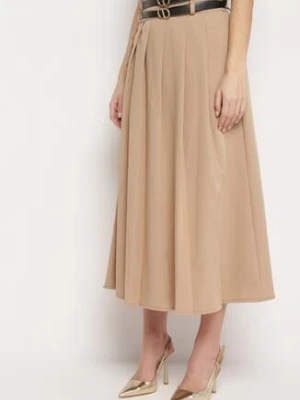 Beżowa Spódnica z Podwójnym Paskiem z Ekoskóry i Szerokimi Plisami Hiritai lily rose