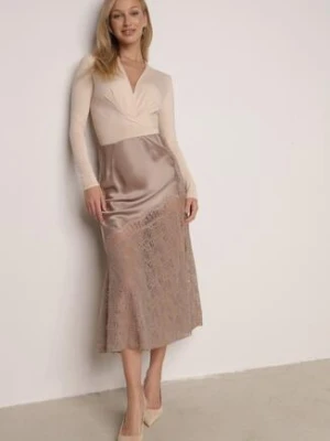 Beżowa Spódnica z Satyny z Koronką i Rozcięciem na Nogę Doritana bisou's project