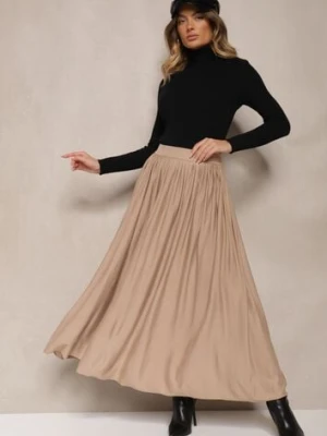 Beżowa Spódnica z Wiskozą o Plisowanym Kroju z Gumką w Pasie Tilisya elsa.m by may