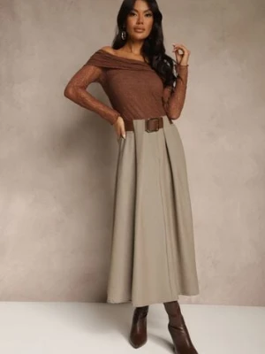 Beżowa Spódnica z Wiskozą o Rozkloszowanym Kroju z Paskiem z Klamrą Tiavela new collection