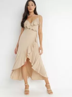 Beżowa Kopertowa Sukienka na Ramiączkach Zdobiona Falbanami Adathe by swan