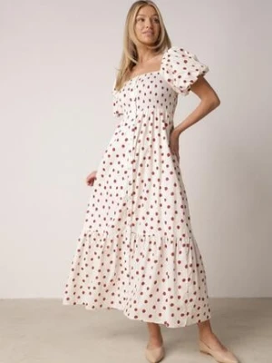 Beżowa Sukienka Bawełniana o Rozkloszowanym Kroju z Bufiastymi Rękawami w Groszki Lorairian elsa.m by may