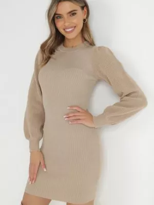 Beżowa Sukienka Dzianinowa z Bufiastym Rękawem Janoah bisou's project