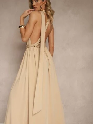 Beżowa Sukienka Koktajlowa Multiway z Wiskozą Wiązana na Szyi Lilovea by swan