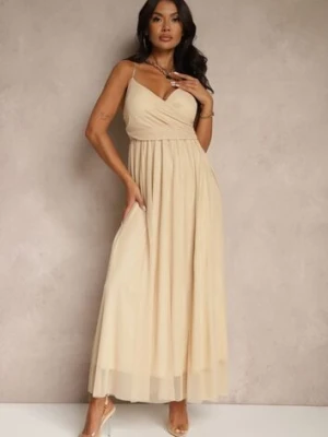 Beżowa Sukienka Koktajlowa Ozdobiona Tiulowym Materiałem Deviora lovery