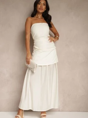 Beżowa Sukienka Koktajlowa z Dekoltem Bandeau Ozdobiona Marszczeniem Folimmea allyson