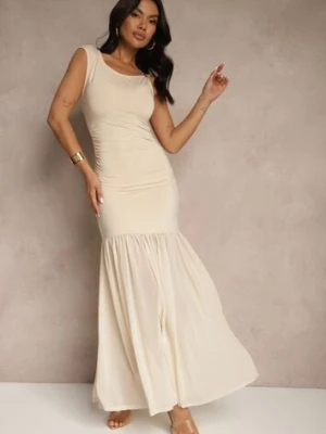 Beżowa Sukienka Koktajlowa z Wiskozą i Marszczeniem Galoriella giorgia