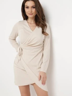 Beżowa Sukienka Kopertowa Mini Wiązana w Pasie Icona new collection
