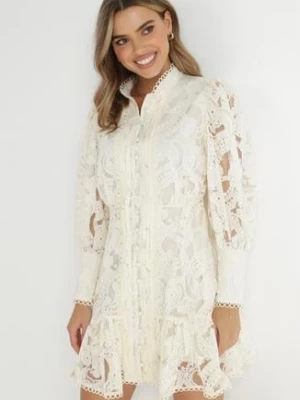 Beżowa Sukienka Koronkowa z Falbanką Chloreina
