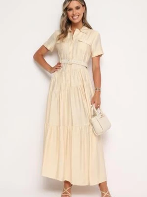 Beżowa Sukienka Koszulowa o Rozkloszowanym Kroju z Paskiem w Talii Vimorise unigirl