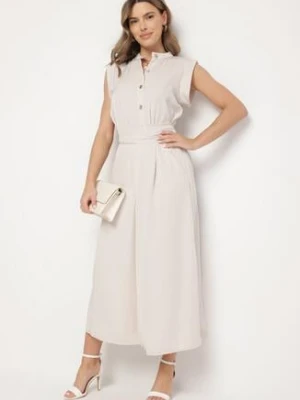 Beżowa Sukienka Koszulowa o Rozkloszowanym Kroju z Wiązaniem w Pasie Mavirielle allyson