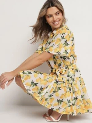 Beżowa Sukienka Koszulowa o Rozkloszowanym Kroju z Wiązanym Paskiem Laviliona retro & icone