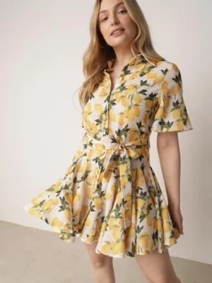 Beżowa Sukienka Koszulowa o Rozkloszowanym Kroju z Wiązanym Paskiem Laviliona retro & icone