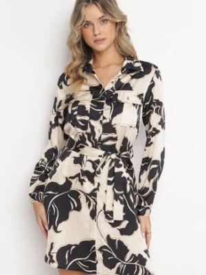 Beżowa Sukienka Koszulowa w Kwiaty z Wiązanym Paskiem Rosava retro & icone