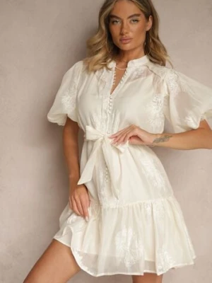 Beżowa Sukienka Koszulowa z Bawełną Ozdobiona Paskiem i Haftami Lirine lovery