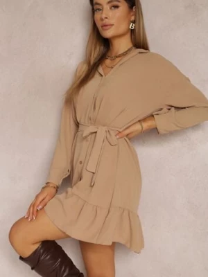 Beżowa Sukienka Koszulowa z Falbanką i Wiązanym Paskiem Neitra lily rose