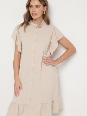 Beżowa Sukienka Koszulowa z Guzikami i Falbankami Tenalena j studio