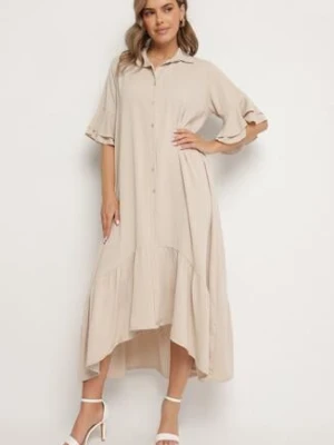 Beżowa Sukienka Koszulowa z Ozdobną Falbanką Daviravie new collection
