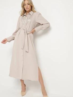 Beżowa Sukienka Koszulowa z Paskiem Cekinami i Koralikami Danielis bisou's project