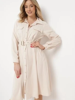 Beżowa Sukienka Koszulowa z Paskiem z Klamrą Unebia unigirl