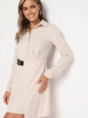 Beżowa Sukienka Koszulowa z Plisowanym Asymetrycznym Dołem z Paskiem Vattea allyson