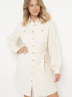 Beżowa Sukienka Koszulowa z Wiązanym Paskiem Bufiastymi Rękawami Blemianna unigirl