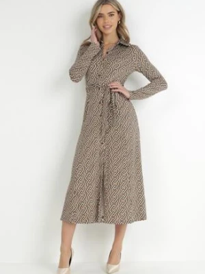 Beżowa Sukienka Koszulowa z Wiązanym Paskiem Farima by swan