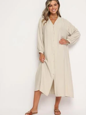 Beżowa Sukienka Koszulowa z Wiskozą i Bufiastymi Rękawami Clarisea jumelle