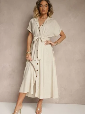 Beżowa Sukienka Koszulowa z Wiskozą i Lnem Ozdobiona Paskiem Lunie m&d fashion