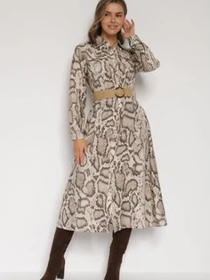 Beżowa Sukienka Koszulowa z Wiskozą Zdobiona Paskiem i Wzorem w Węża Delane