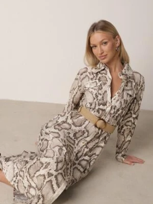 Beżowa Sukienka Koszulowa z Wiskozą Zdobiona Paskiem i Wzorem w Węża Delane rosa