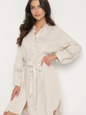 Beżowa Sukienka Koszulowa Zapinana na Guziki z Paskiem w Talii i Ozdobnym Rękawem Rigaudona bisou's project