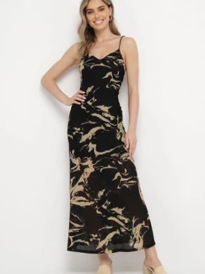 Beżowa Sukienka Maxi Ozdobiona Marmurkowym Wzorem z Cienkimi Ramiączkami Fidellma