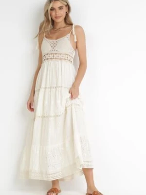 Beżowa Sukienka Maxi z Szydełkową Górą i Haftem Serdrei rosa