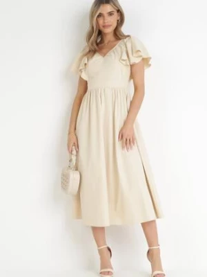 Beżowa Sukienka Midi z Falbanami przy Ramionach Happisa vices