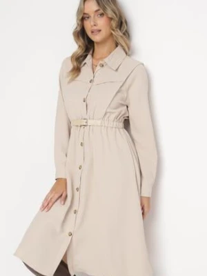 Beżowa Sukienka Midi z Gumką w Pasie i Dodatkowym Paskiem ze Sprzączką Zawadi unigirl