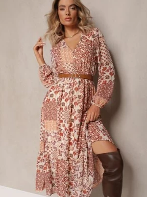Beżowo-Różowa Sukienka Midi z Gumką w Talii i Falbanką Besslia rosa