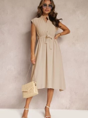 Beżowa Sukienka Midi z Guzikami i Materiałowym Paskiem Nylalik new collection