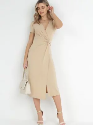 Beżowa Sukienka Midi z Kopertowym Dekoltem i Węzłem z Przodu Lephine by swan