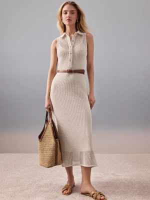 Beżowa sukienka midi z siateczkowego materiału TARANKO
