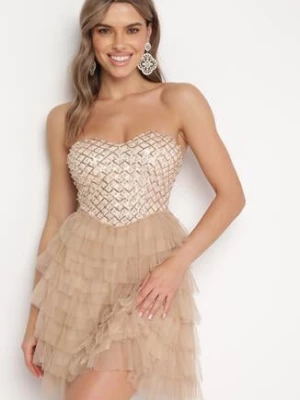 Beżowa Sukienka Mini Bez Ramiączek z Cyrkoniami i Tiulem Jesionna lovery