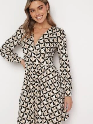 Beżowo-Czarna Sukienka Mini w Geometryczny Wzór z Gumką w Talii Viotta by swan