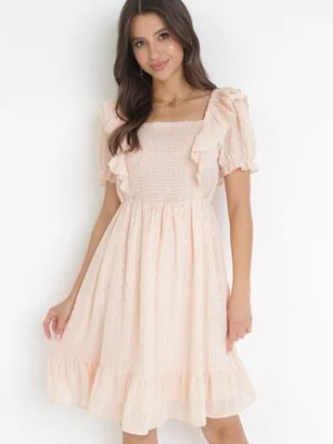 Beżowa Sukienka Mini z Falbankami przy Rękawach i Gumką w Pasie Nevitta allyson