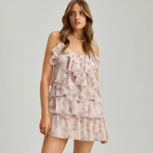 Beżowa sukienka mini z falbankami w kwiatowy wzór House