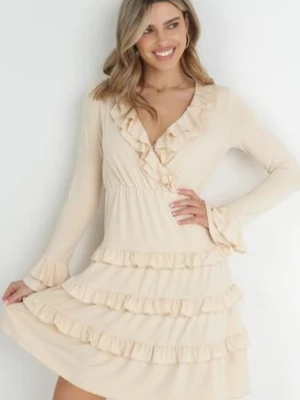 Beżowa Sukienka Mini z Gumką w Talii i Falbankami Livarria by swan