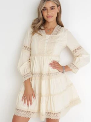 Beżowa Sukienka Mini z Koronkowymi Wstawkami i Rozkloszowanym Dołem Femona elsa.m by may