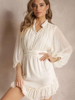 Beżowa Sukienka Mini z Ozdobnymi Guzikami i Rękawem 3/4 Parissa bisou's project