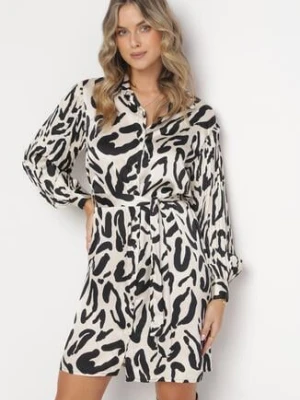 Beżowa Sukienka Mini z Plisowanymi Rękawami i Materiałowym Paskiem Sevan unigirl