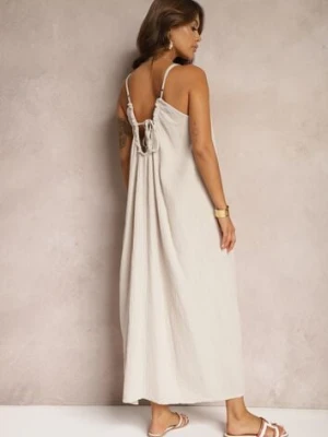 Beżowa Sukienka Muślinowa z Bawełny na Ramiączkach z Regulacją i Wiązaniem przy Dekolcie Felisea jumelle