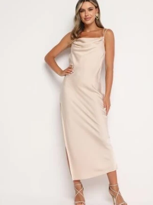 Beżowa Sukienka na Cienkich Ramiączkach z Odkrytymi Plecami Napi